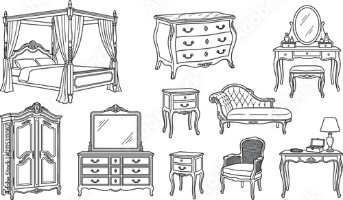 Foto Vintage luxury bedroom furniture coloring page set with classic canopy bed wardr