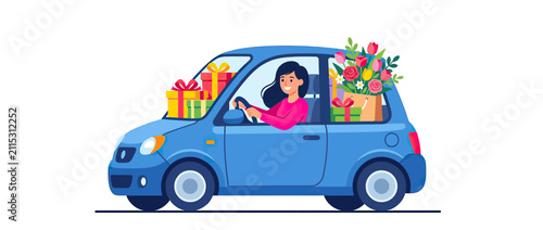 Canvastavla Woman driving car filled with gifts and flowers