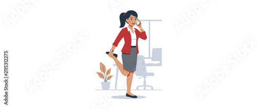 Businesswoman stretching while on a phone call in office
