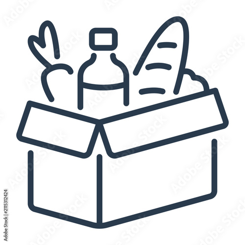 Line art grocery box icon with bottle bread and vegetable retail service