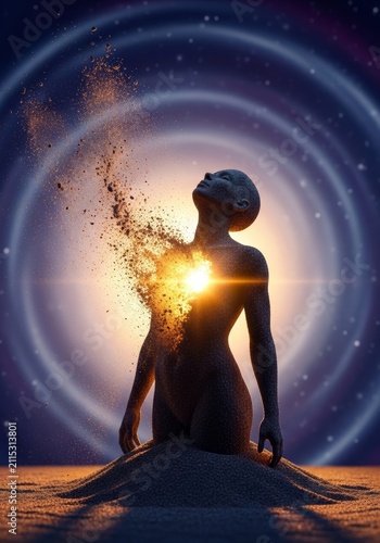 Woman made of dark sand disintegrating into light with a glowing heart. Metaphor for spiritual awakening, soul evolution, cosmic connection, rebirth and self discovery in digital art.