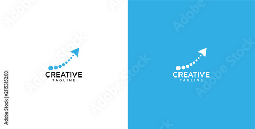 Paper plane logo design template with dotted arrow trajectory for creative business growth startup
