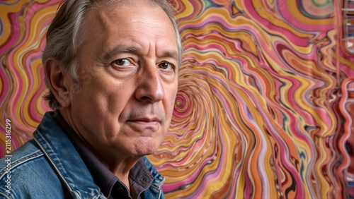 Man in denim jacket gazes calmly before swirling psychedelic, colorful background.