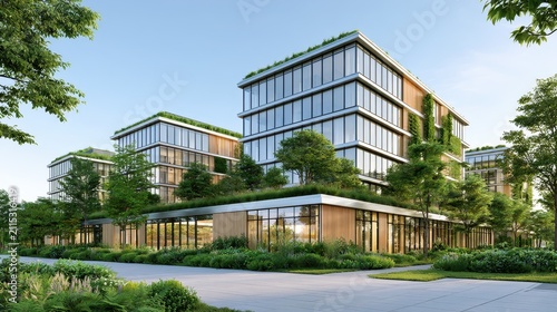 Modern Eco-Friendly Office Buildings Surrounded by Greenery and Lush Landscaping in Urban Setting