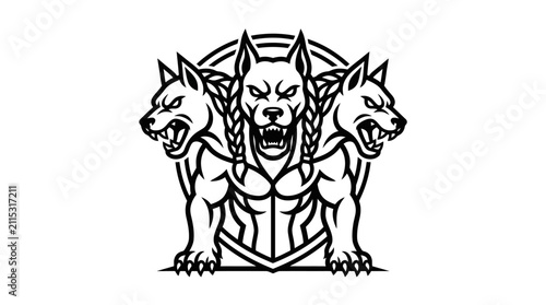 Mythological three headed dog fierce beast emblem