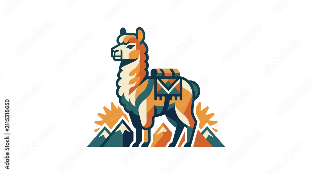 Fototapeta premium Stylized llama carrying pack on mountain background