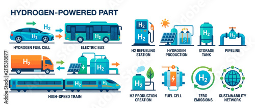 Fotografía Hydrogen powered transport systems display innovative eco friendly vehicle technology including fuel cell buses and trains to illustrate the future of sustainable energy production and clean