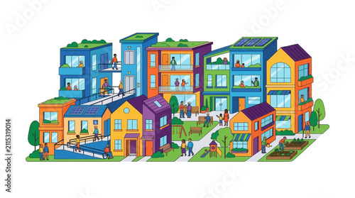 Buildings in a colorful urban neighborhood showcase sustainable living and communal areas where residents interact in an inclusive environment that promotes social connection and healthy city.