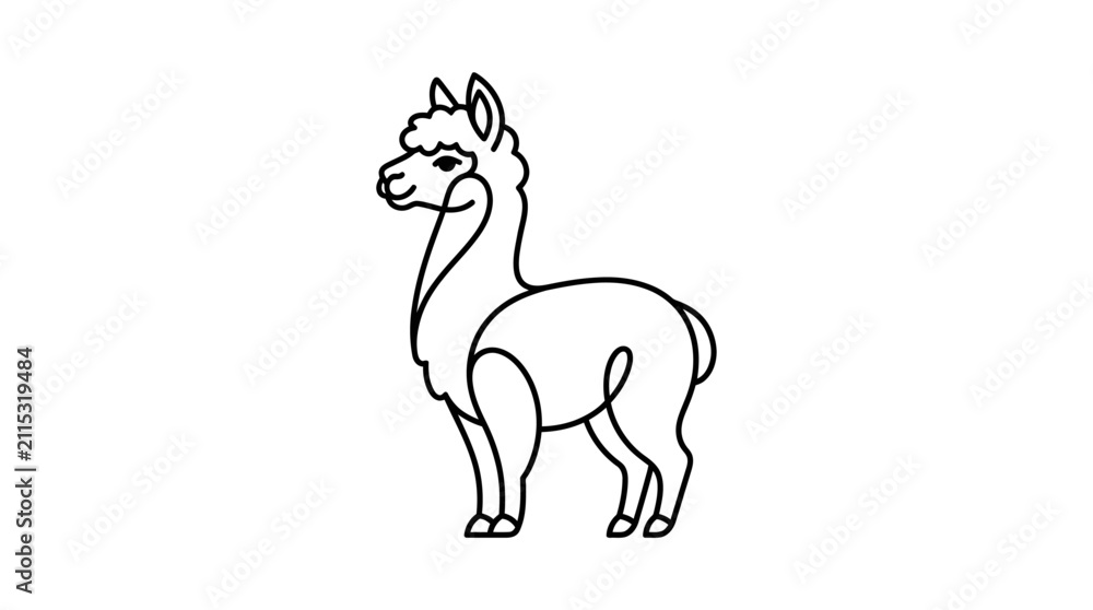 Fototapeta premium Simple line art alpaca standing profile view isolated
