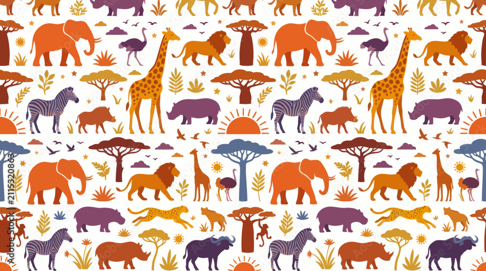 Naklejka premium African Safari Wildlife Animals Seamless Pattern Vector Illustration in Flat Cartoon Style - Nature Background