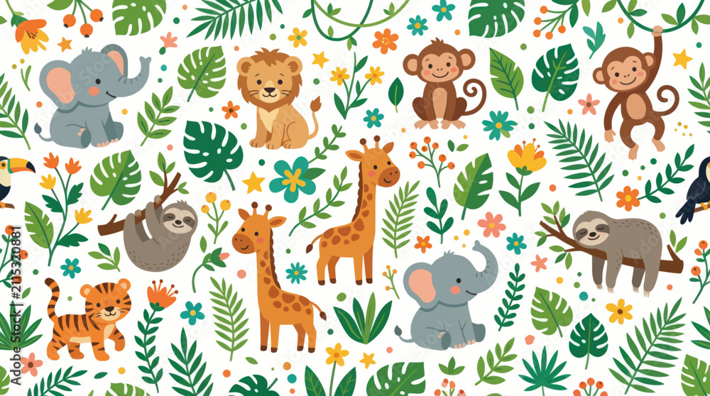 Fototapeta premium Cute Flat Cartoon Jungle Safari Animals and Tropical Leaves Seamless Vector Pattern for Kids Background Design