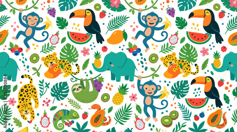 Obraz premium Cute Flat Cartoon Seamless Pattern with Jungle Animals, Monkeys, Toucans, Leopards Tropical Fruits for Kids