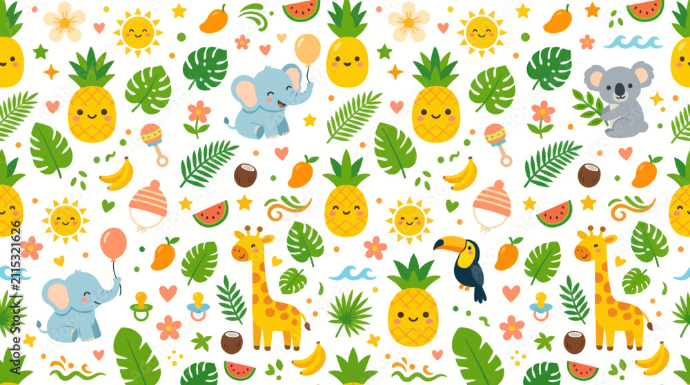 Naklejka premium Cute Baby Kids Tropical Seamless Pattern: Flat Cartoon Animals, Pineapples, Leaves for Textile Design