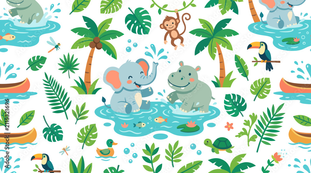 Naklejka premium Cute Jungle Animals Pattern - Elephant, Hippo, Monkey, Toucan, Turtle, Duck