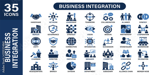 Business integration icon set. Corporate synergy, leadership, collaboration, governance, alliance, network, and partnership solid symbols.