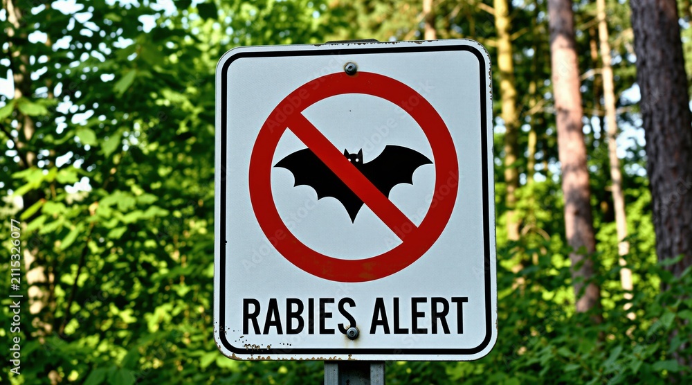 Obraz premium Rabies alert sign shows no bats in natural forest area. Cautionary notice warns public about disease risk and animal danger in park or woods. Safety information for outdoor activity.