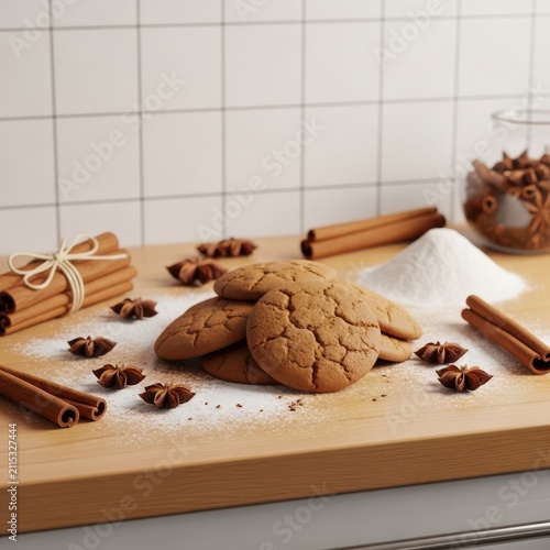 A warm kitchen counter features bundles of fragrant cinnamon sticks, scattered flour, star anise, and freshly baked gingerbread cookies, natural, wood, ingredients