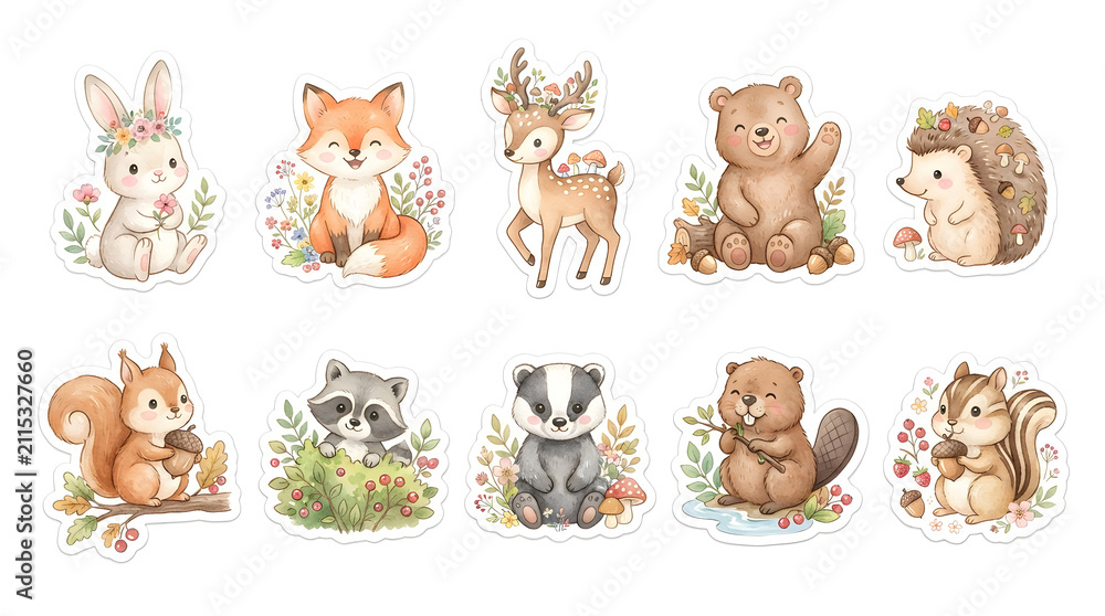 Fototapeta premium Adorable watercolor forest animals collection, featuring cute woodland creatures like rabbits, foxes, deer, bears, and hedgehogs, ideal for children's designs and playful themes