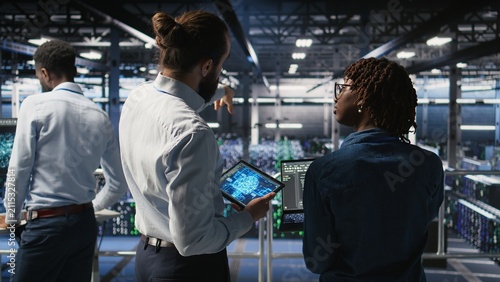 A server farm manager oversees workers automating AI infrastructure; a team leader supervises employees using artificial intelligence to support reliable operations and machine learning systems.