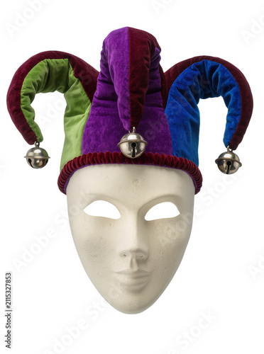 Bild auf Leinwand Isolated jester hat and blank mask for carnival, masquerade, and theatre celebra