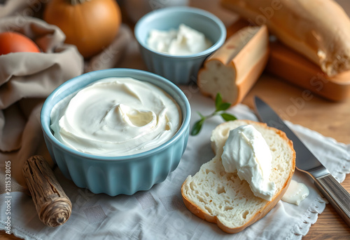 Fresh cream cheese in a blu...
