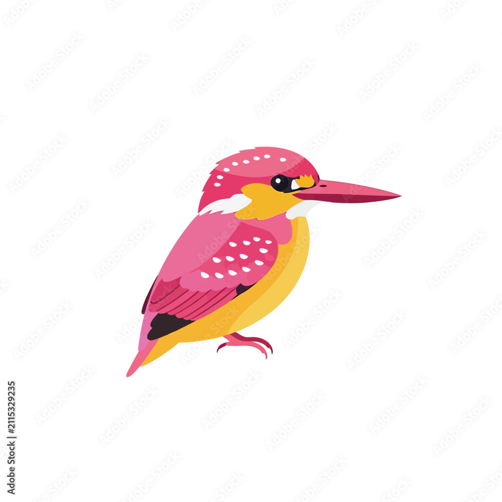 Fototapeta premium Cute Pink and Yellow Kingfisher Illustration - Tropical Bird Vector Graphic Isolated on White