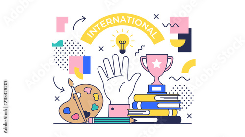 International concept of education, art, and achievement, symbolizing diverse skills and ideas.