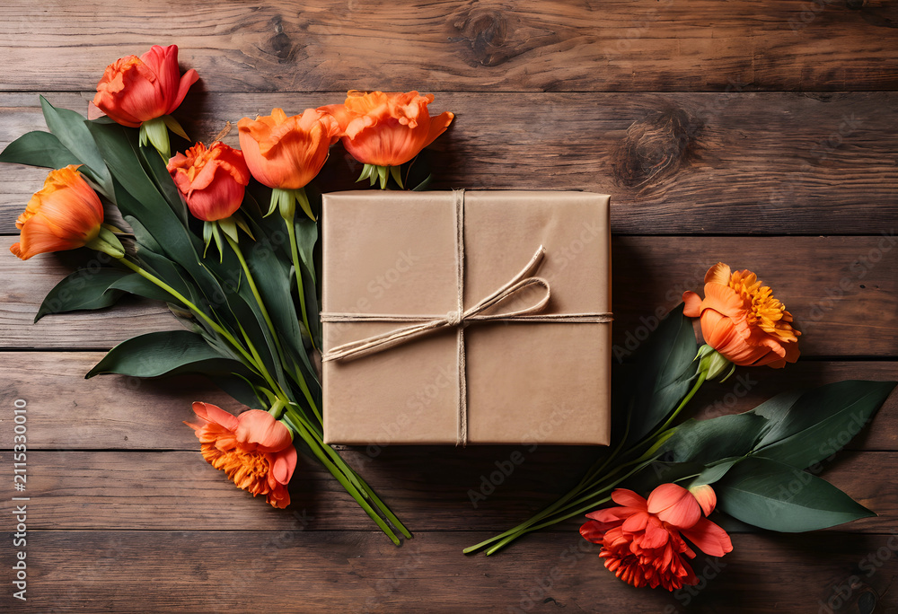 Obraz premium Craft paper gift box with natural twine and orange ranunculus flowers on a rustic wooden background, top view, Several vibrant orange ranunculus flowers with green stems and leaves are arranged
