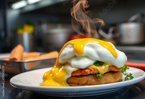 Steaming eggs benedict with...