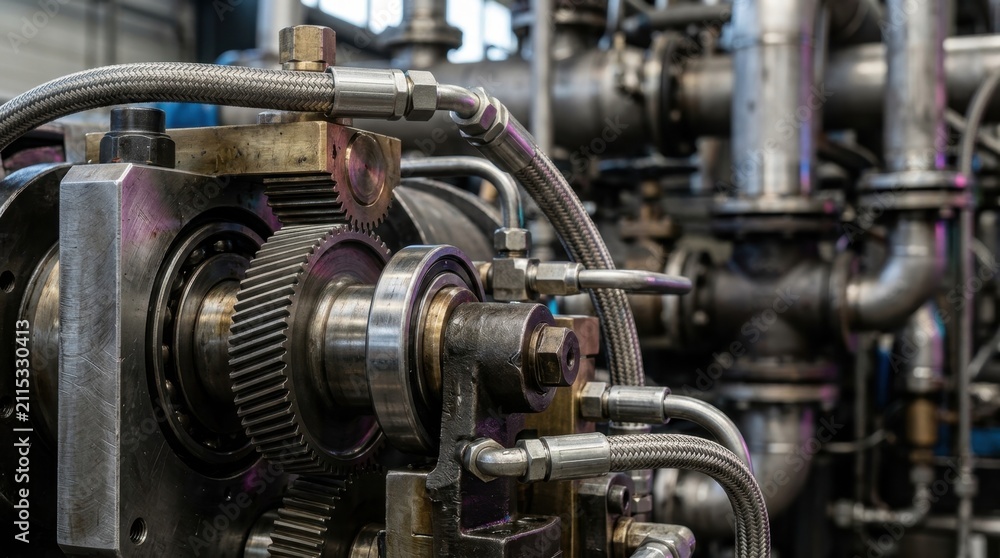 Fototapeta premium Close-up of heavy industrial machinery with metal gears, pipes, and hydraulic systems in a factory.