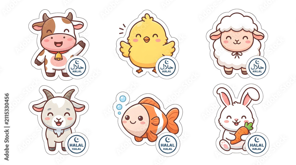 Fototapeta premium Cute animal halal sticker collection featuring cartoon cow chick sheep goat fish and rabbit icons for food certification