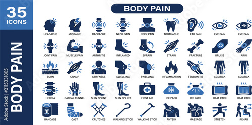 Body pain icon set for backache, headache, injury, muscle, teeth, ear,  and physical therapy symbols. Solid vector icon collection.