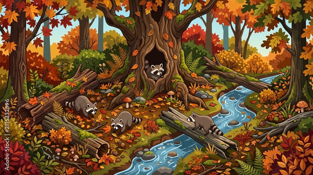 Obraz premium Woodland Raccoon Habitat with Stream and Hollow Tree