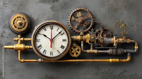 Vintage Industrial Clock with Steampunk Gears and Pipes Against a Textured Gray Background for Home Decor