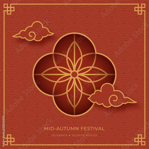Konstfotografi Red Mid Autumn Festival banner features floral emblem, cloud motifs and repeating wave pattern