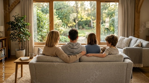 A loving family sitting together on a comfortable sofa in their cozy living room while looking out of the large window at the lush garden
