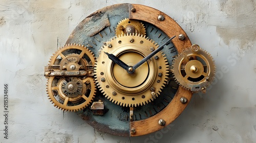 Vintage Clock with Exposed Gears and Timeless Charm in Rustic Wood and Brass Design, Perfect for Classic Decor