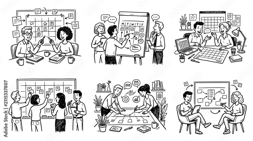 Fototapeta premium Team Collaboration and Project Planning Scenes in Doodle Style