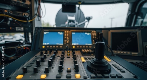 Onboard camera view from satellite uplink truck showing control panel and dish movement adjustments for precise satellite signal targeting.
