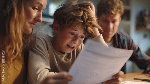 Child expresses deep emotional distress while reviewing poor academic grades with concerned parents at home.