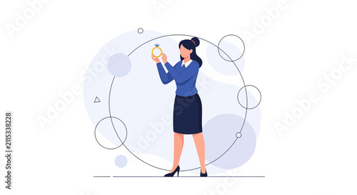 Woman examining engagement ring, symbolizing proposal, marriage, and commitment. Modern flat illustration with abstract background.