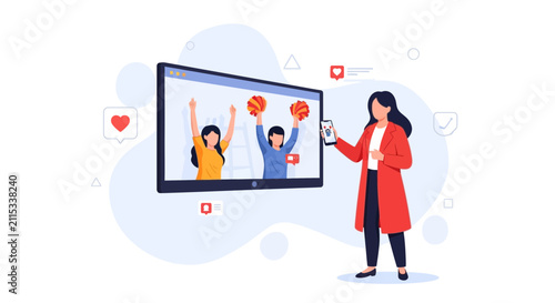 Woman Filming Online Event on Smartphone, Live Streaming Video, Social Media Engagement