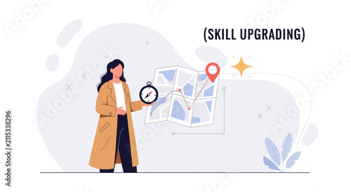Woman holding compass and map, symbolizing skill upgrading, career growth, navigation, and personal development journey.