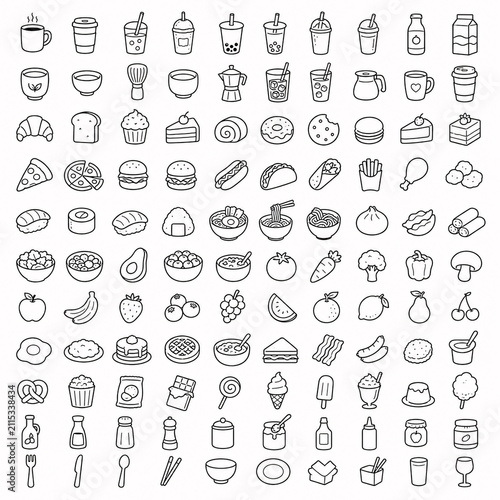 Premium Hand Drawn 100 Modern Minimal Doodle Food and Drink Icons, Hand Drawn Black Outline Vector Collection .Generative AI
