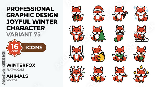 Joyful Winter Fox Character Icons for Graphic Design Projects