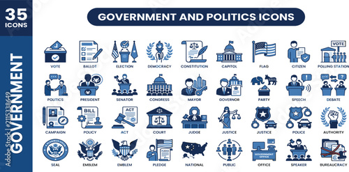 Government and Politics solid icon set for democracy, voting, election, legislation, diplomacy, authority, civil rights, and law symbols. Solid icon collection.