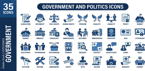 Government and Politics solid icon set for democracy, voting, election, legislation, diplomacy, authority, civil rights, and law symbols. Solid icon collection.
