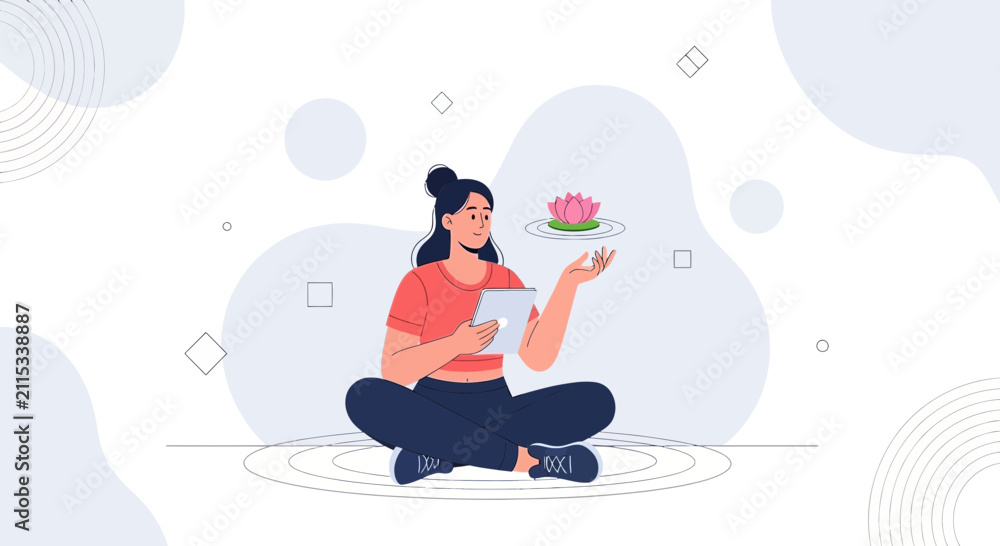 Naklejka premium Woman meditating with tablet and lotus flower, mindful technology, digital wellness, serene illustration