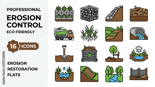 Erosion Control Eco Friendly Flat Icons Set