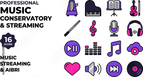 Music Conservatory Icons Set Professional Studio and Streaming